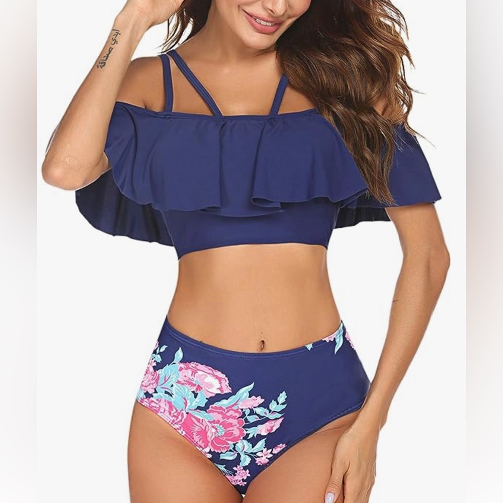 Blue High Waist Bikini with Ruffle Top - Size XXL